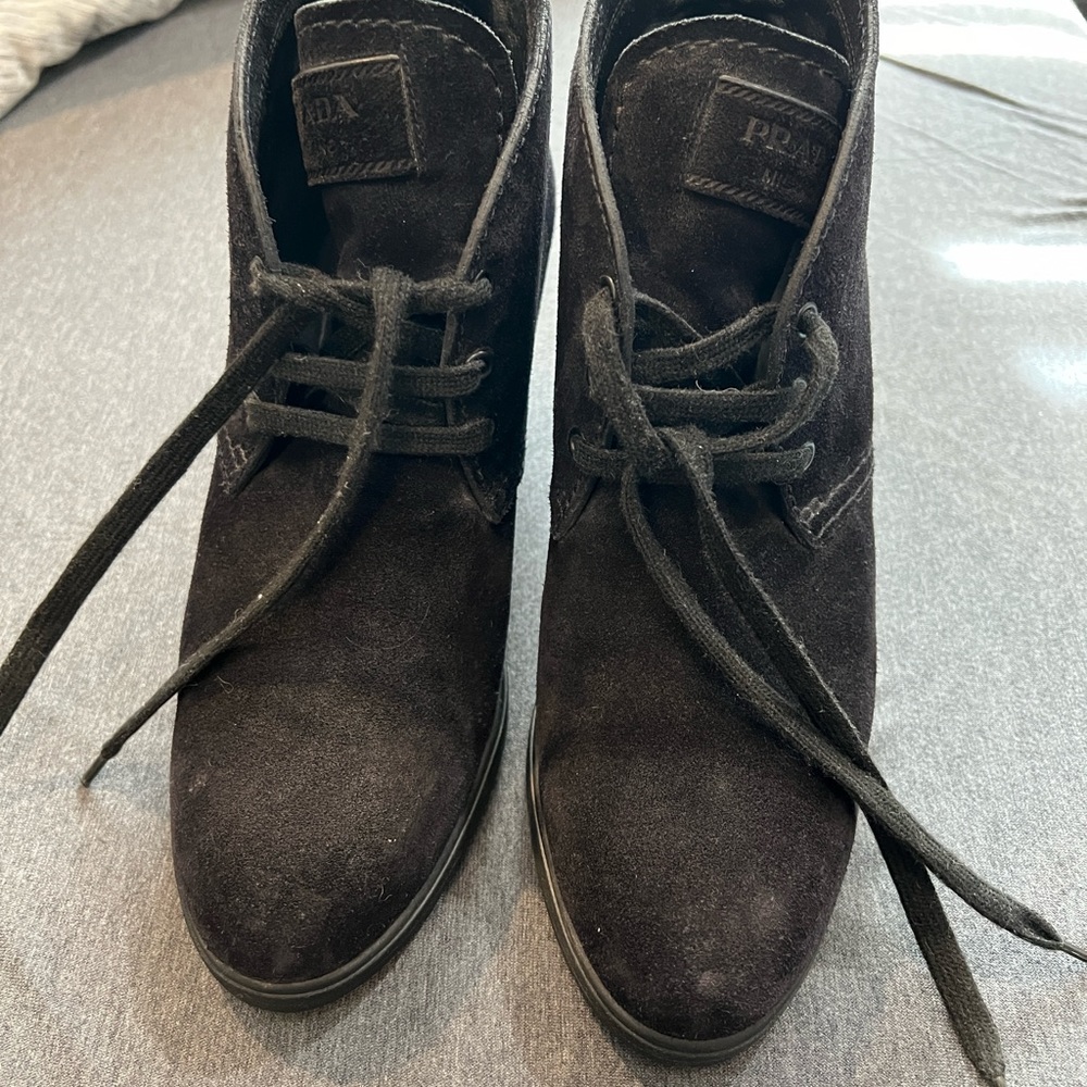 PRADA Half Boot Wedge Lace Booties 3TZ037 Black Suede IT 40.5 US 10-10.5 Shoes - Picture 3 of 11